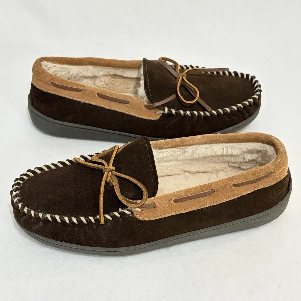 Minnetonka Slippers Mens 9 Pile Lined Hardsole Brown Leather Comfort House Shoes